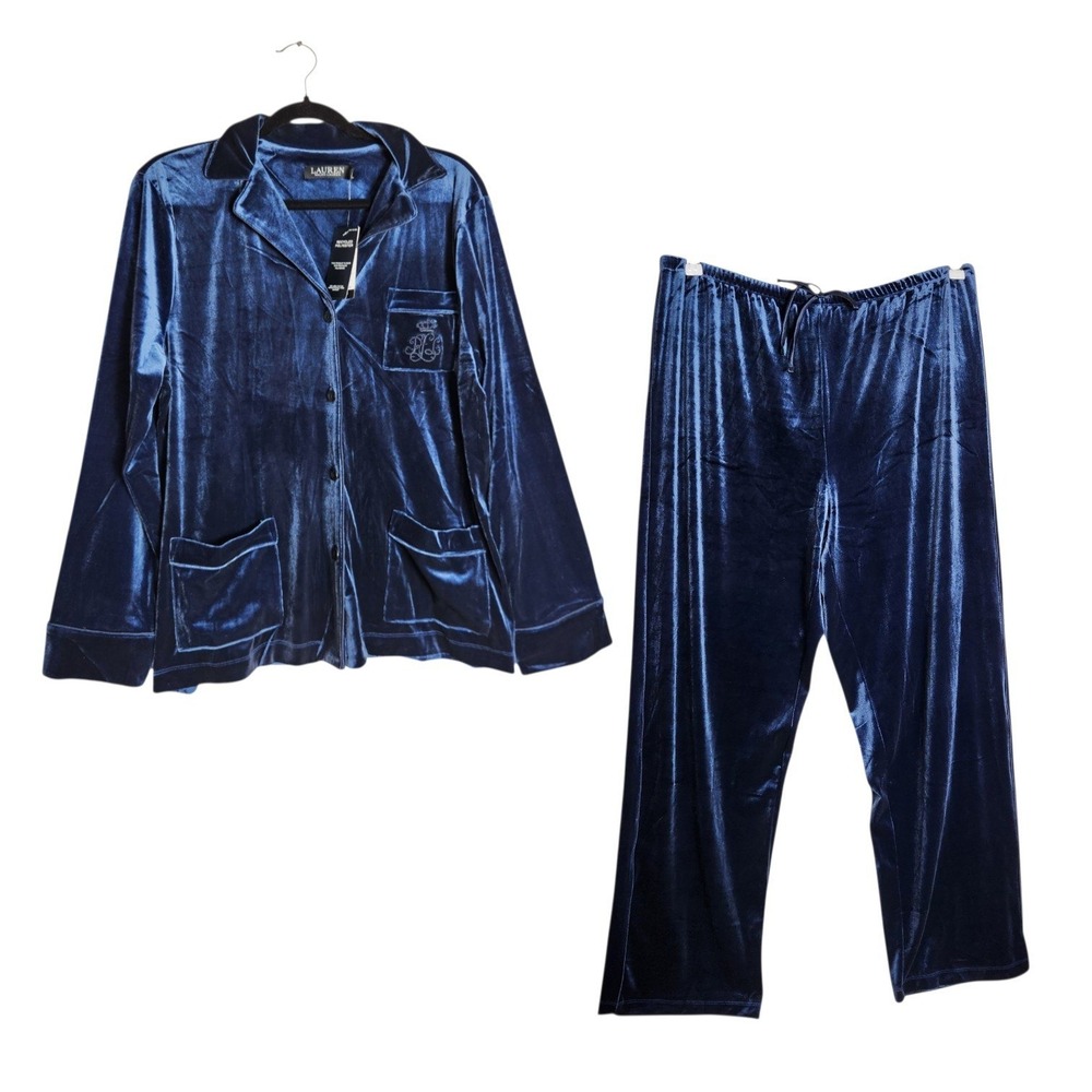 Lauren Ralph Lauren Blue Velvet Pajama Set L Long Sleeve Top Pants